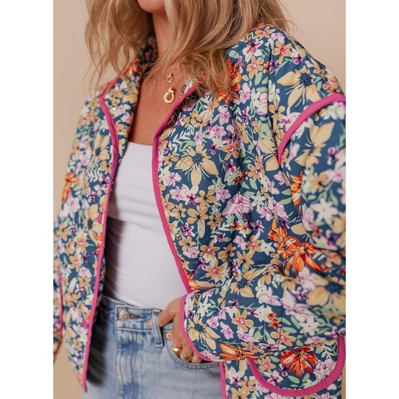 Women's Floral Quilted Jacket Crop Button Down Padded Puffer Jacket Multicolor - Picture 2 of 6